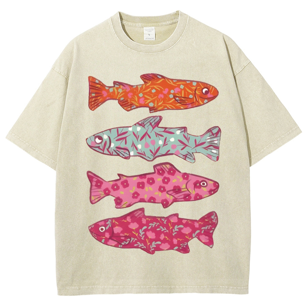 Unisex Flower Fish Printed Washed Tee