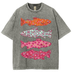 Unisex Flower Fish Printed Washed Tee