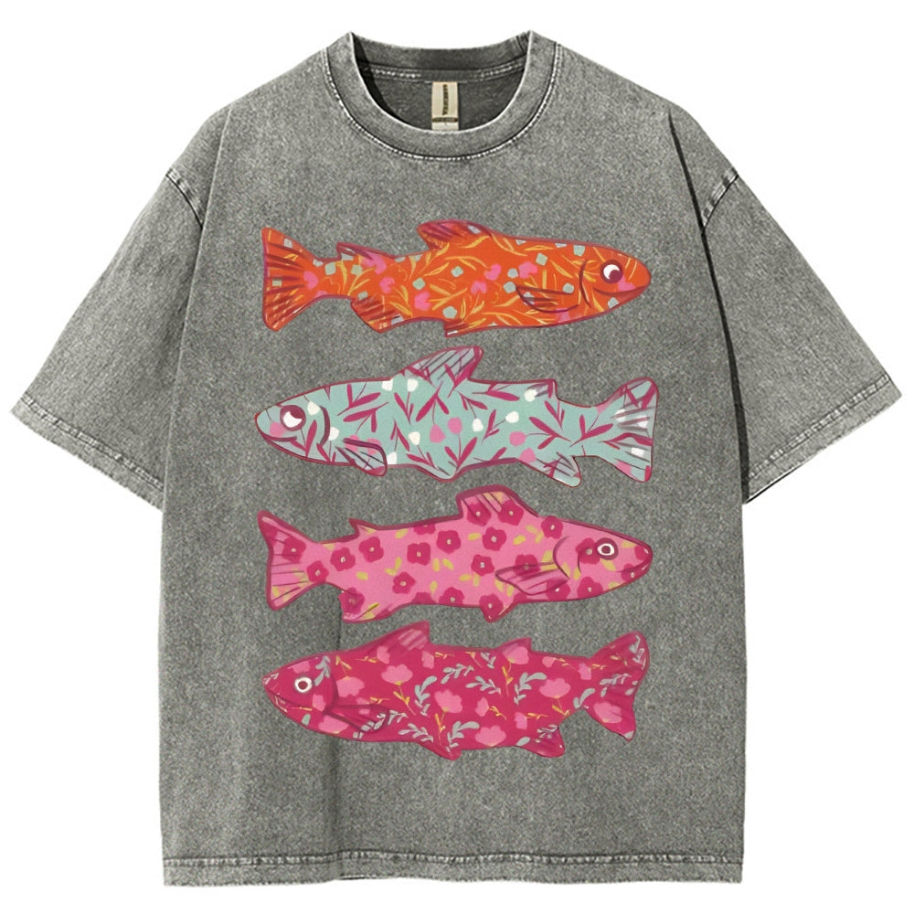 Unisex Flower Fish Printed Washed Tee