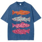 Unisex Flower Fish Printed Washed Tee
