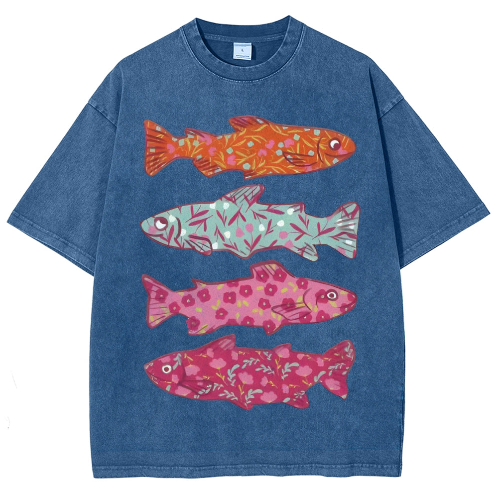 Unisex Flower Fish Printed Washed Tee