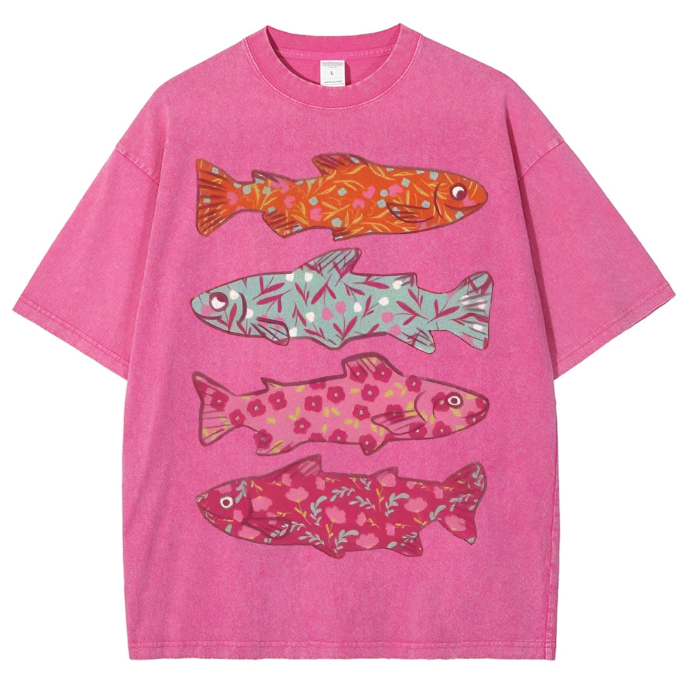 Unisex Flower Fish Printed Washed Tee