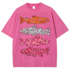Unisex Flower Fish Printed Washed Tee