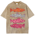 Unisex Flower Fish Printed Washed Tee