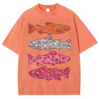 Unisex Flower Fish Printed Washed Tee