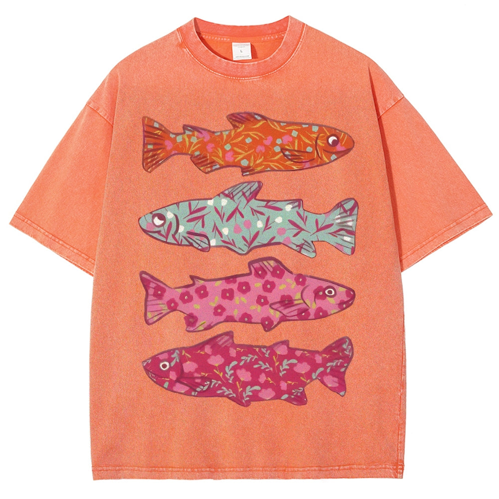 Unisex Flower Fish Printed Washed Tee