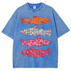 Unisex Flower Fish Printed Washed Tee
