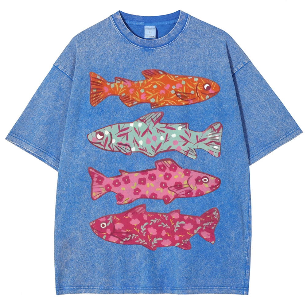 Unisex Flower Fish Printed Washed Tee
