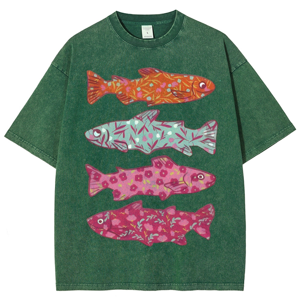 Unisex Flower Fish Printed Washed Tee