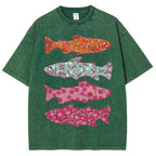 Unisex Flower Fish Printed Washed Tee