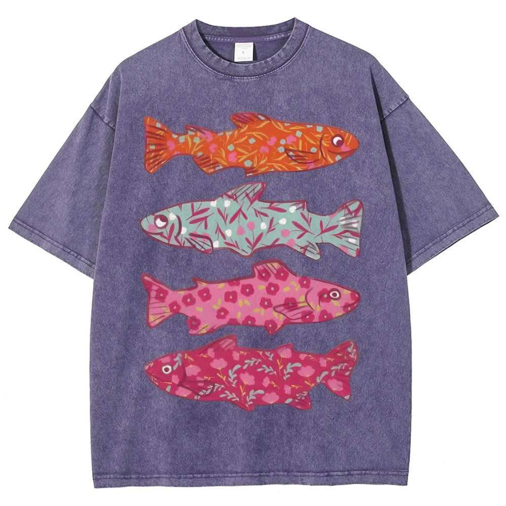 Unisex Flower Fish Printed Washed Tee