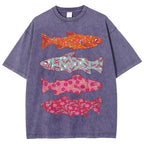 Unisex Flower Fish Printed Washed Tee