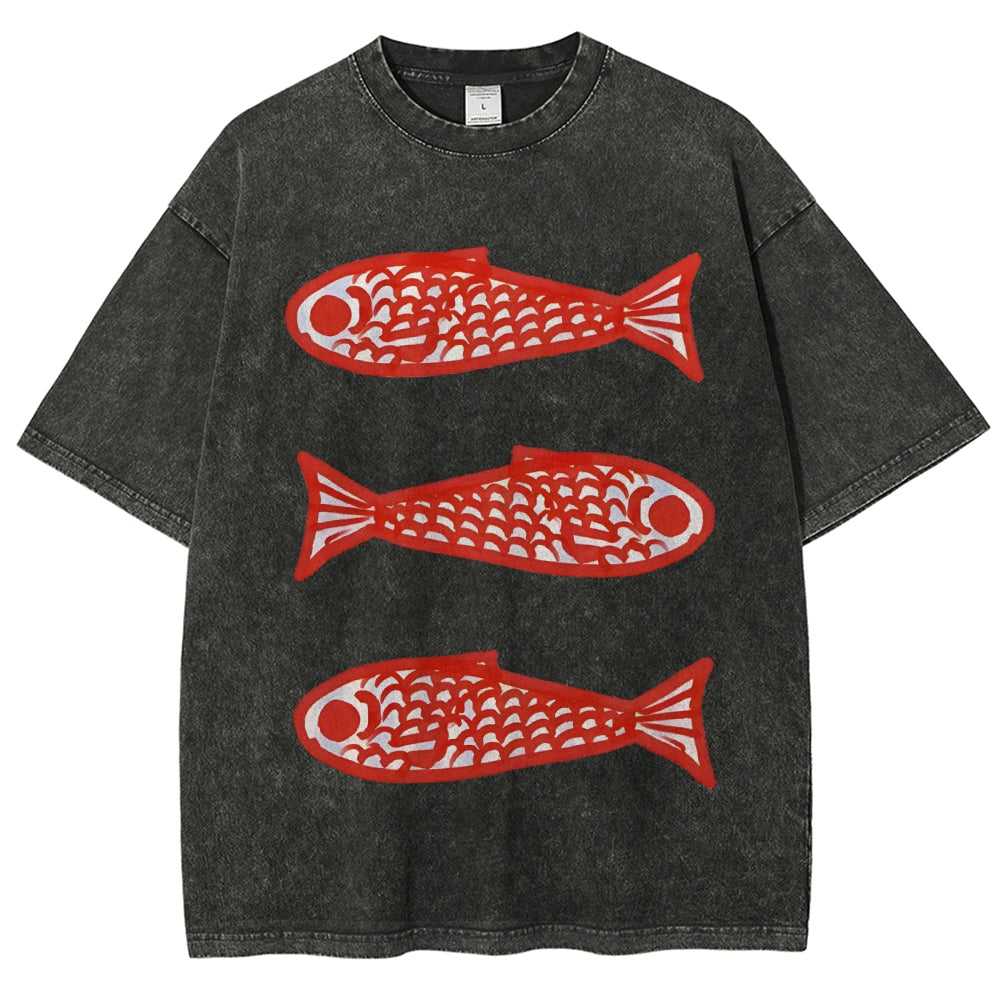 Unisex Vintage Fish Printed Washed Tee