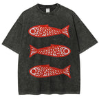 Unisex Vintage Fish Printed Washed Tee