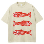 Unisex Vintage Fish Printed Washed Tee