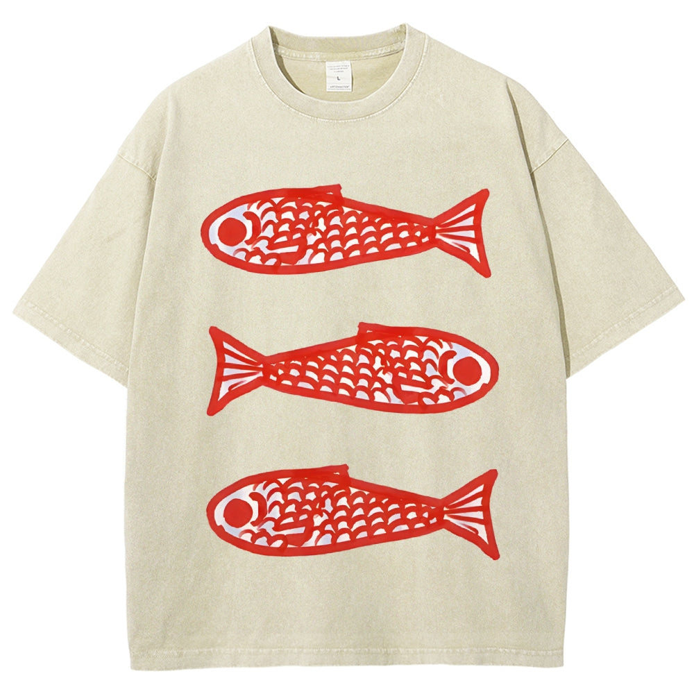 Unisex Vintage Fish Printed Washed Tee