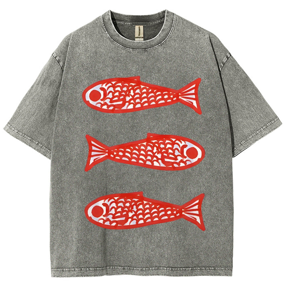 Unisex Vintage Fish Printed Washed Tee