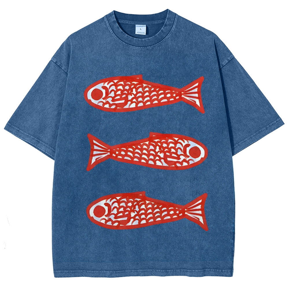 Unisex Vintage Fish Printed Washed Tee