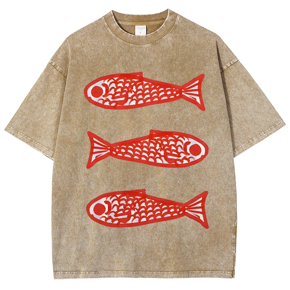 Unisex Vintage Fish Printed Washed Tee