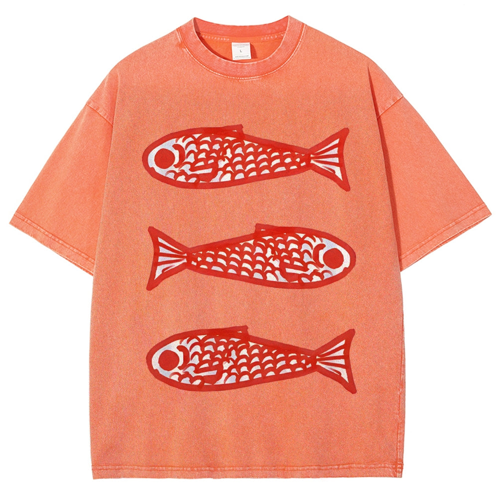 Unisex Vintage Fish Printed Washed Tee