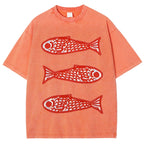 Unisex Vintage Fish Printed Washed Tee
