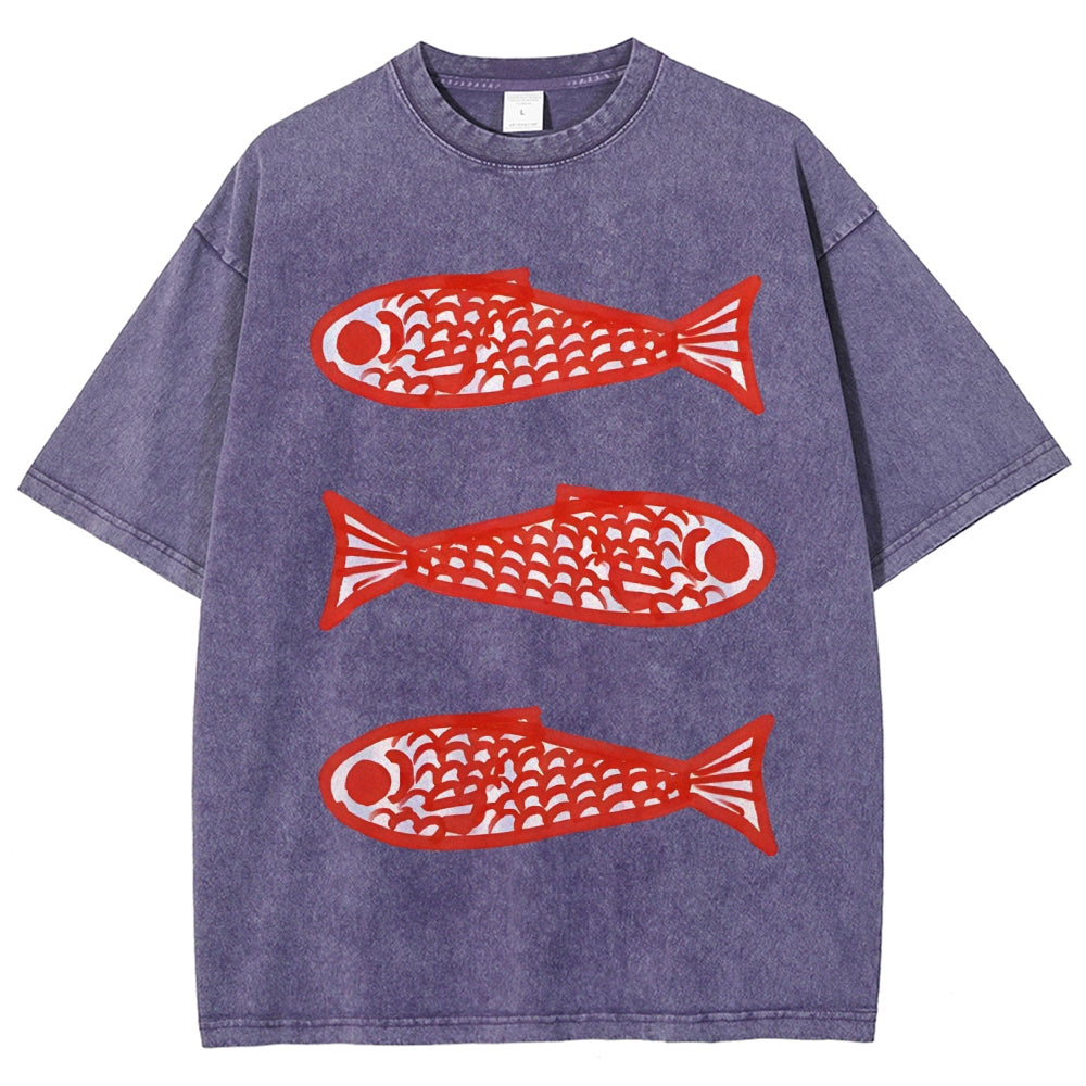 Unisex Vintage Fish Printed Washed Tee