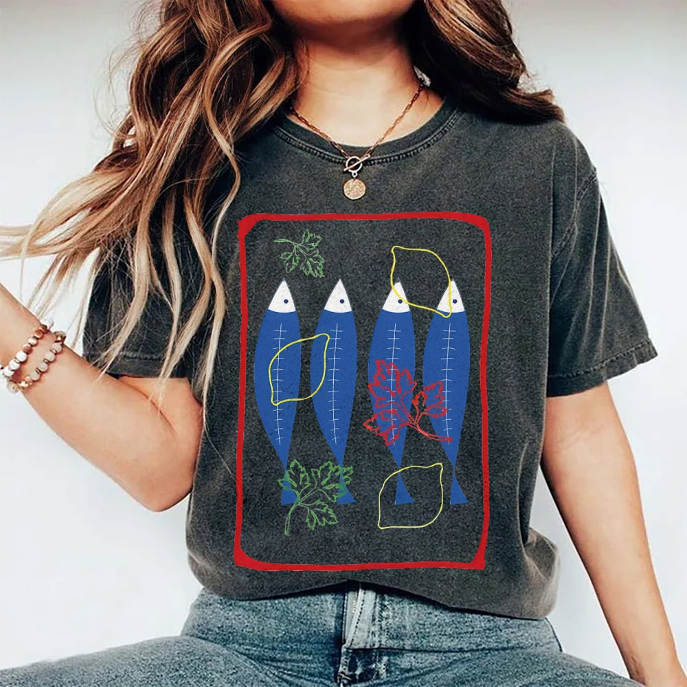 Unisex Sardines Printed Washed Tee