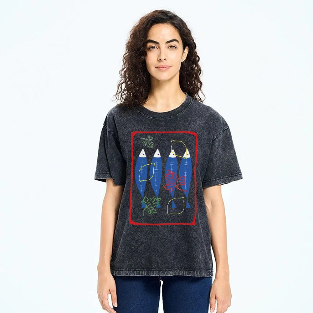 Unisex Sardines Printed Washed Tee