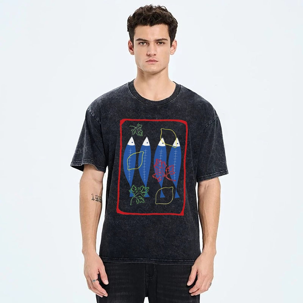Unisex Sardines Printed Washed Tee