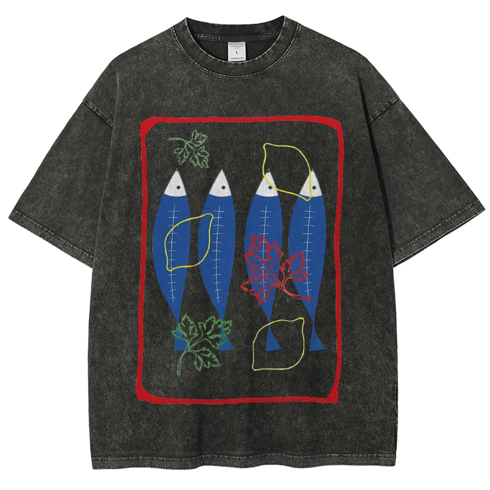 Unisex Sardines Printed Washed Tee