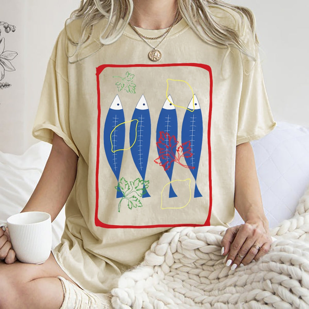 Unisex Sardines Printed Washed Tee