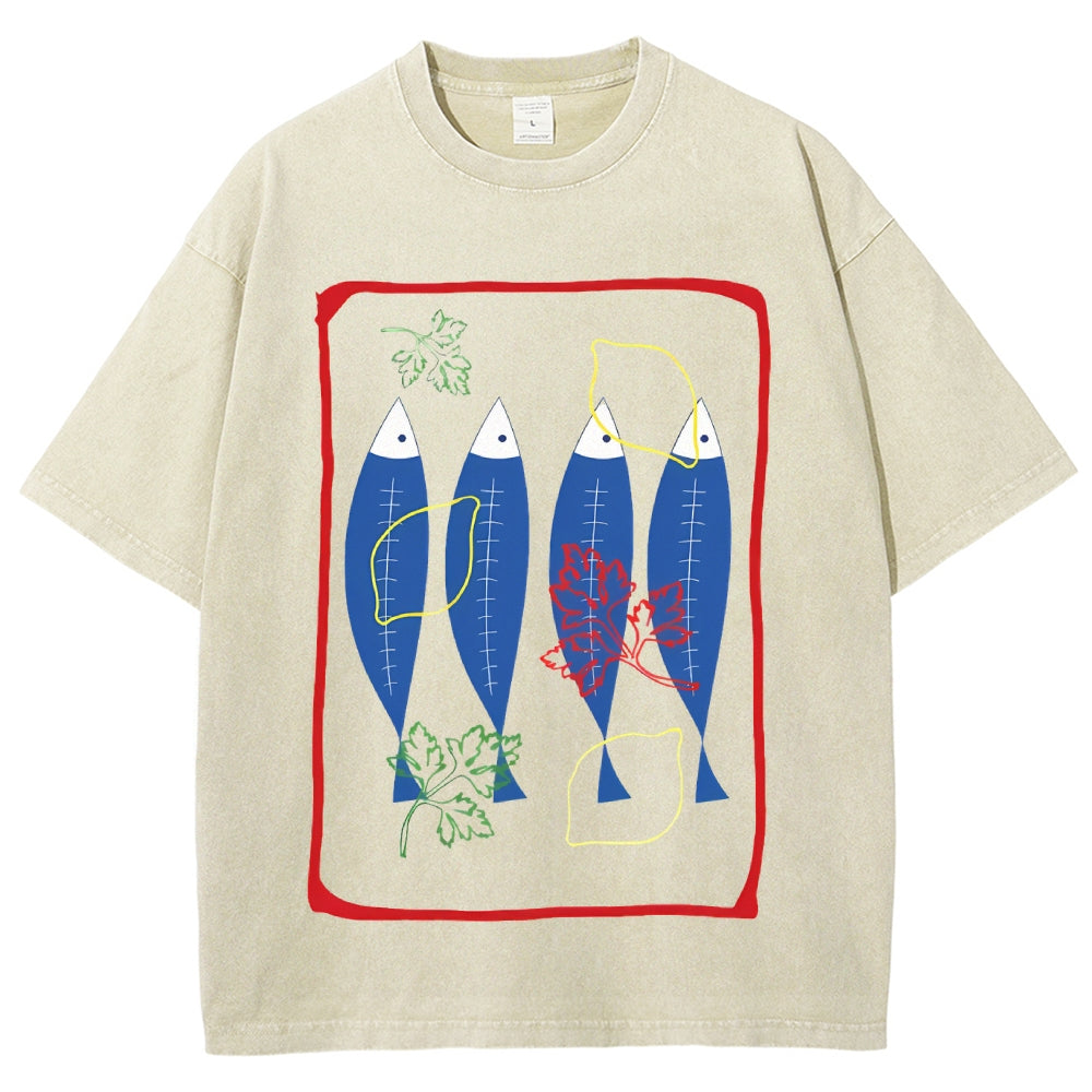 Unisex Sardines Printed Washed Tee