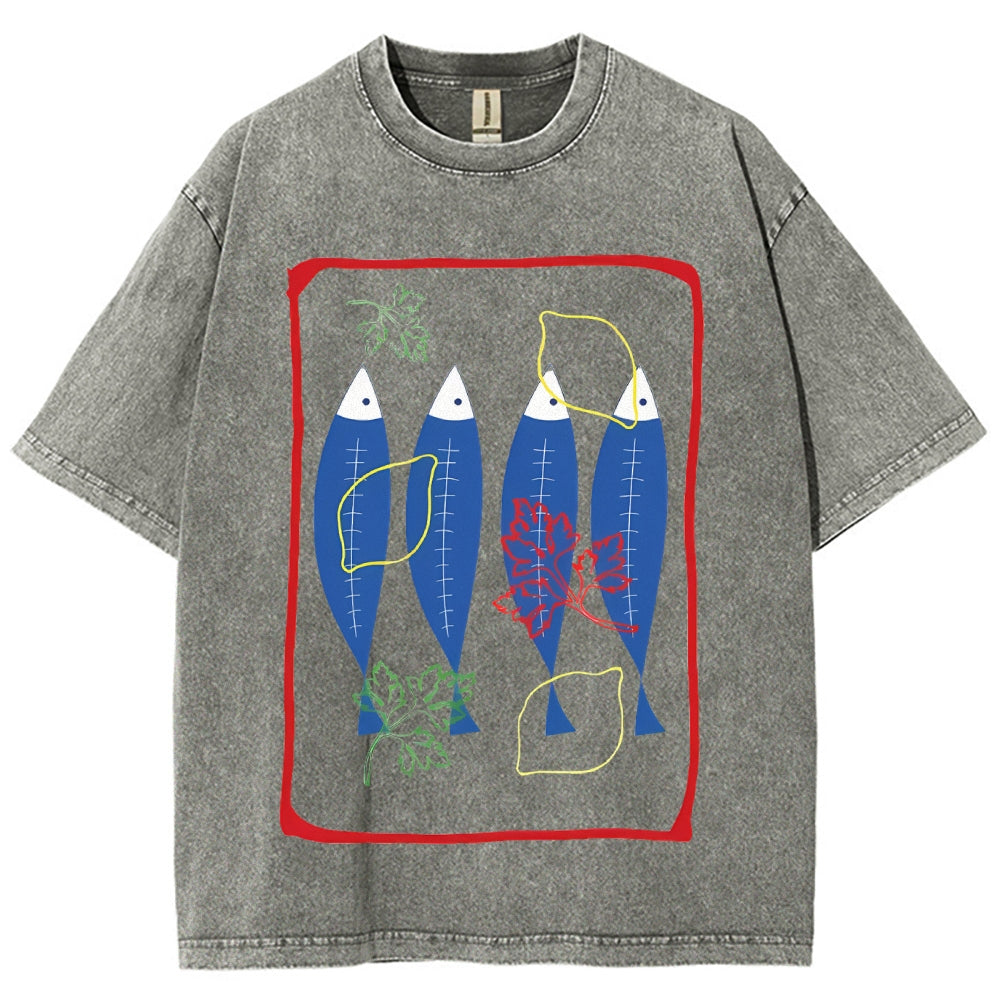 Unisex Sardines Printed Washed Tee