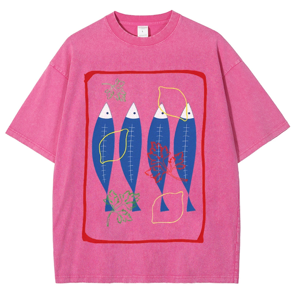 Unisex Sardines Printed Washed Tee