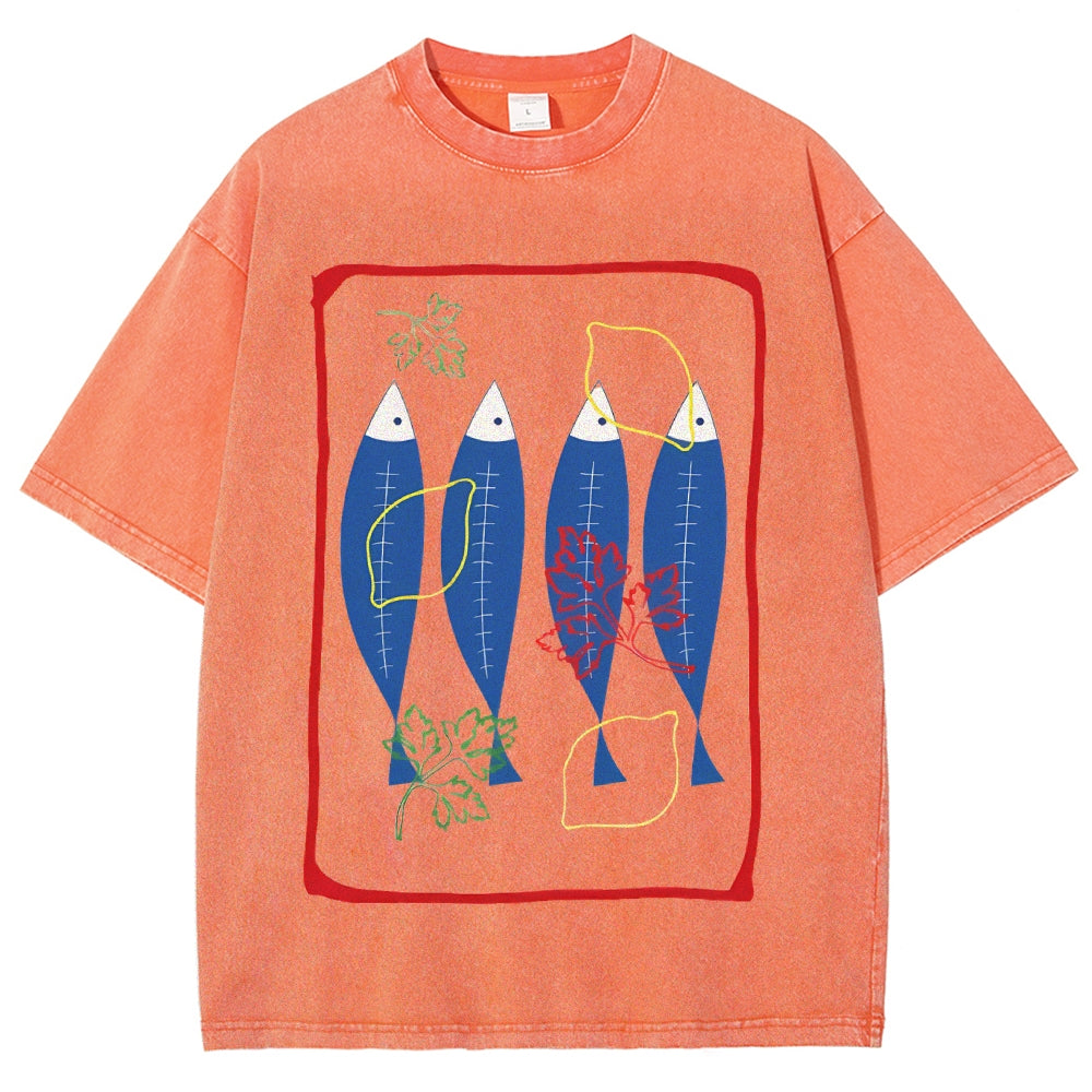 Unisex Sardines Printed Washed Tee
