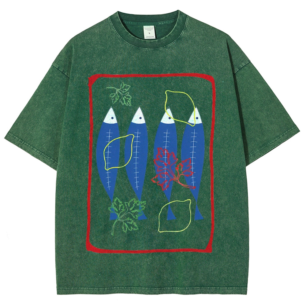 Unisex Sardines Printed Washed Tee