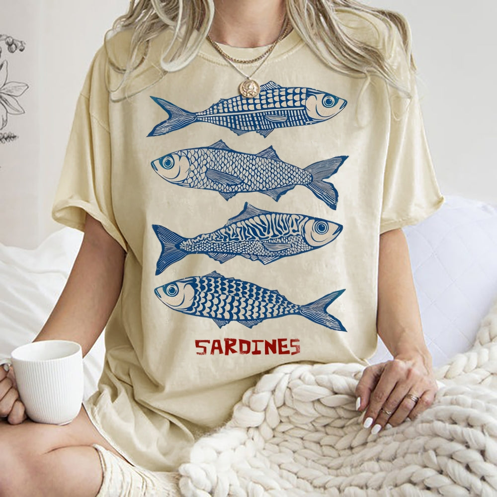 Unisex Sardines Printed Washed Tee