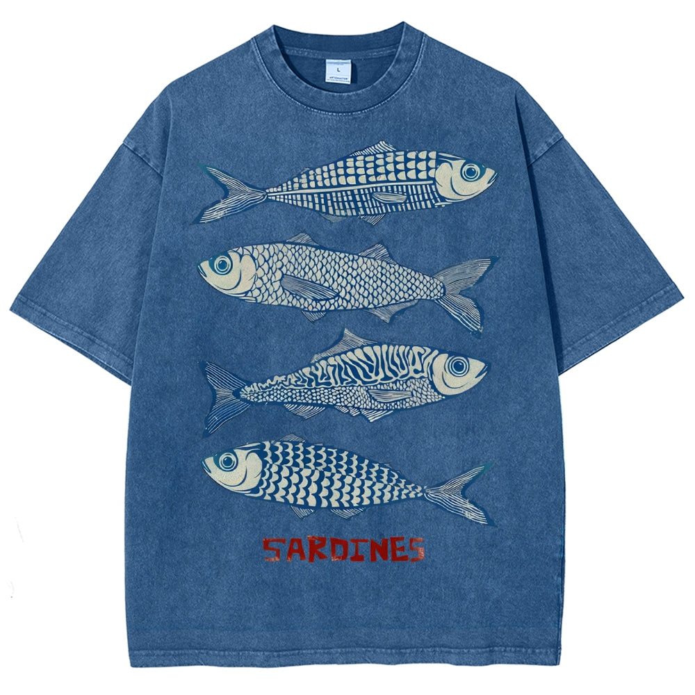 Unisex Sardines Printed Washed Tee