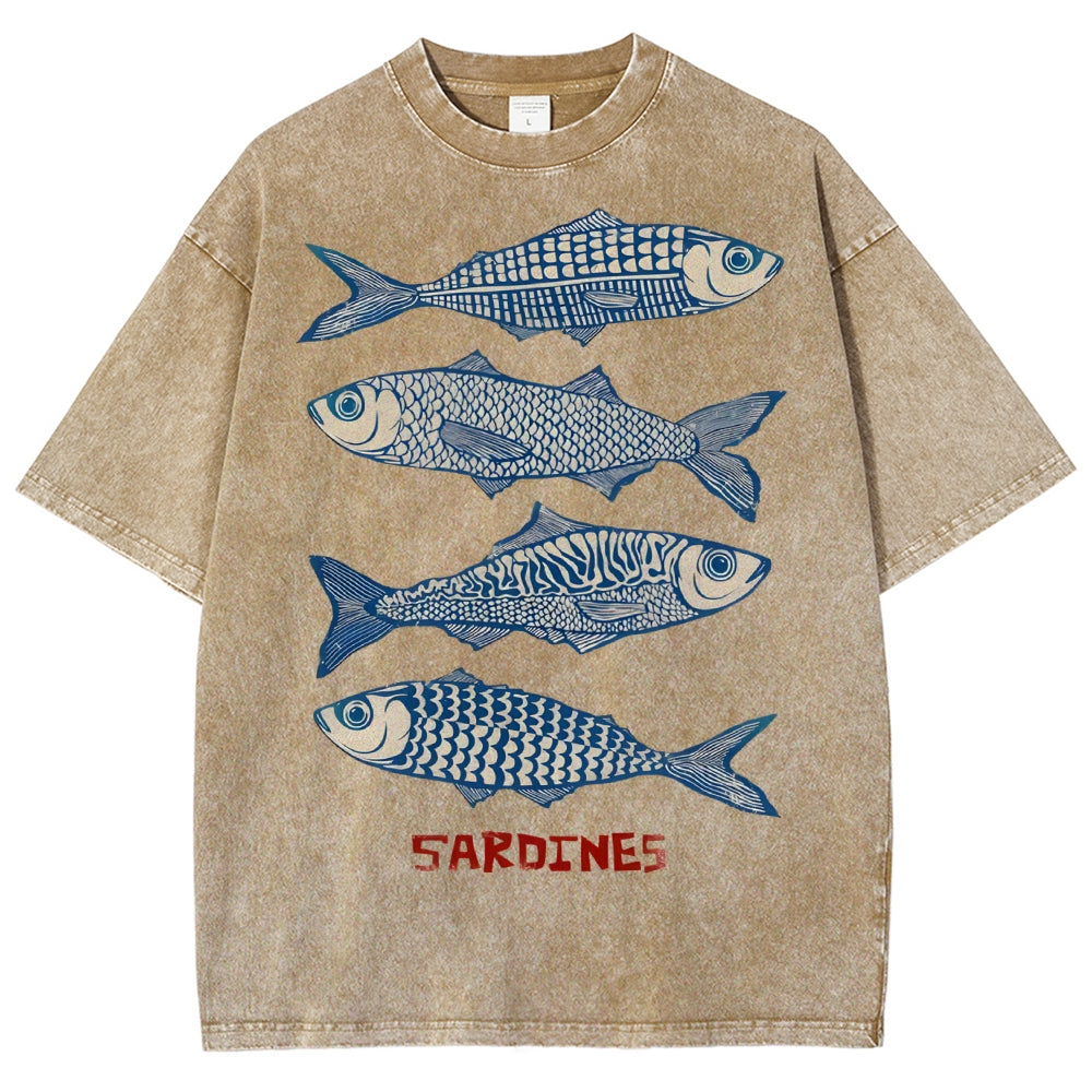 Unisex Sardines Printed Washed Tee
