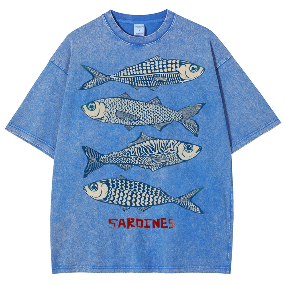 Unisex Sardines Printed Washed Tee