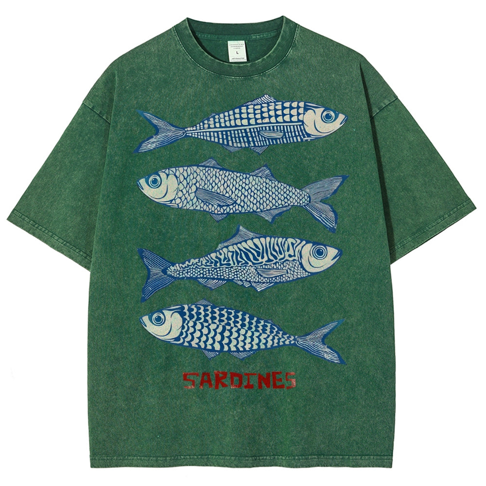 Unisex Sardines Printed Washed Tee