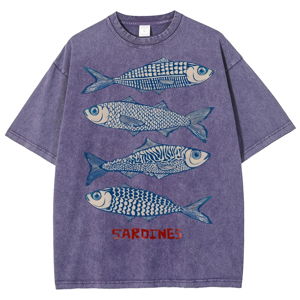 Unisex Sardines Printed Washed Tee