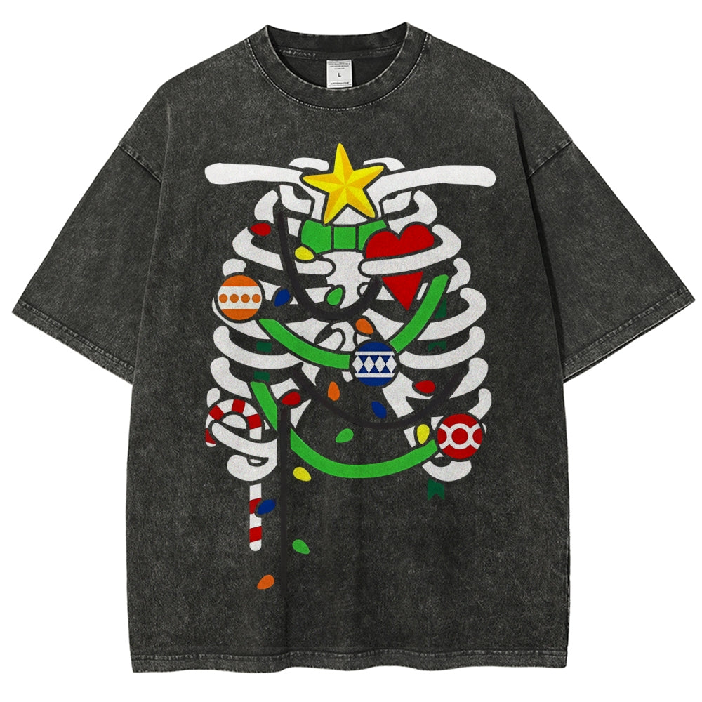 Unisex Christmas Skull Printed Washed Tee