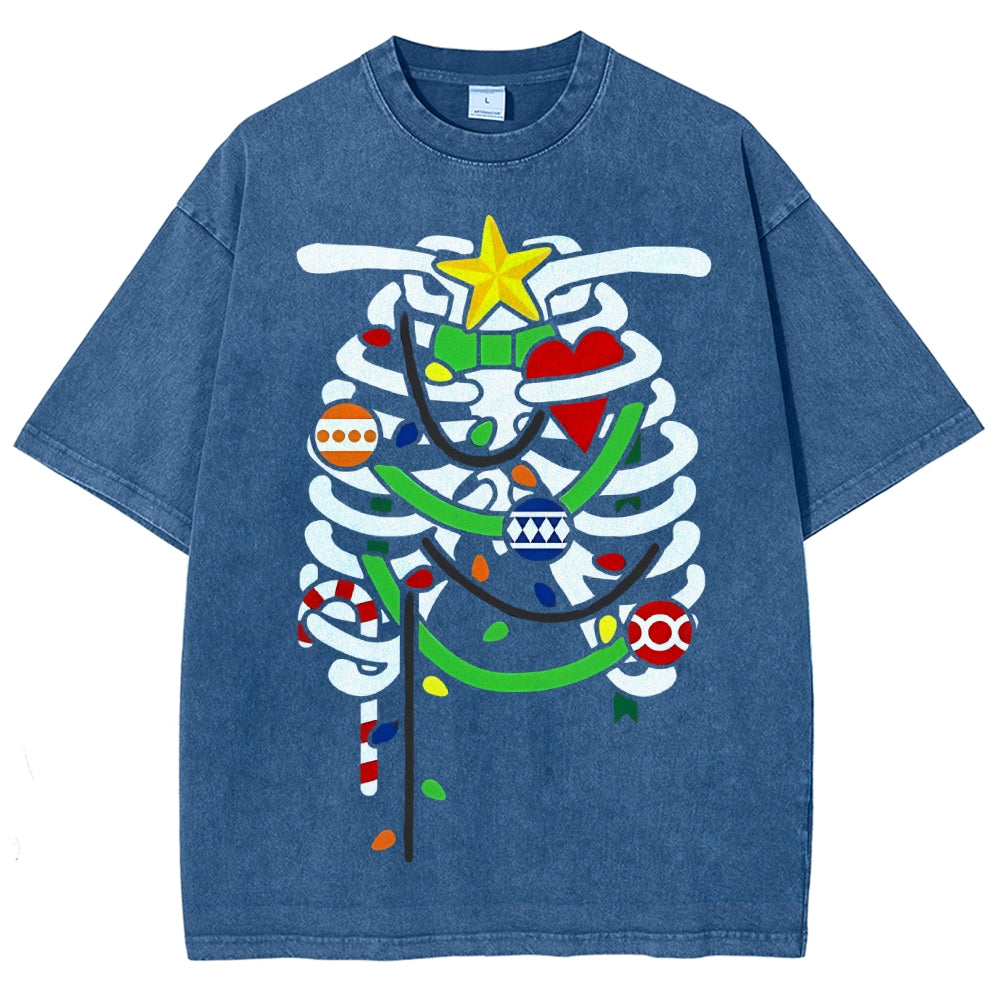 Unisex Christmas Skull Printed Washed Tee