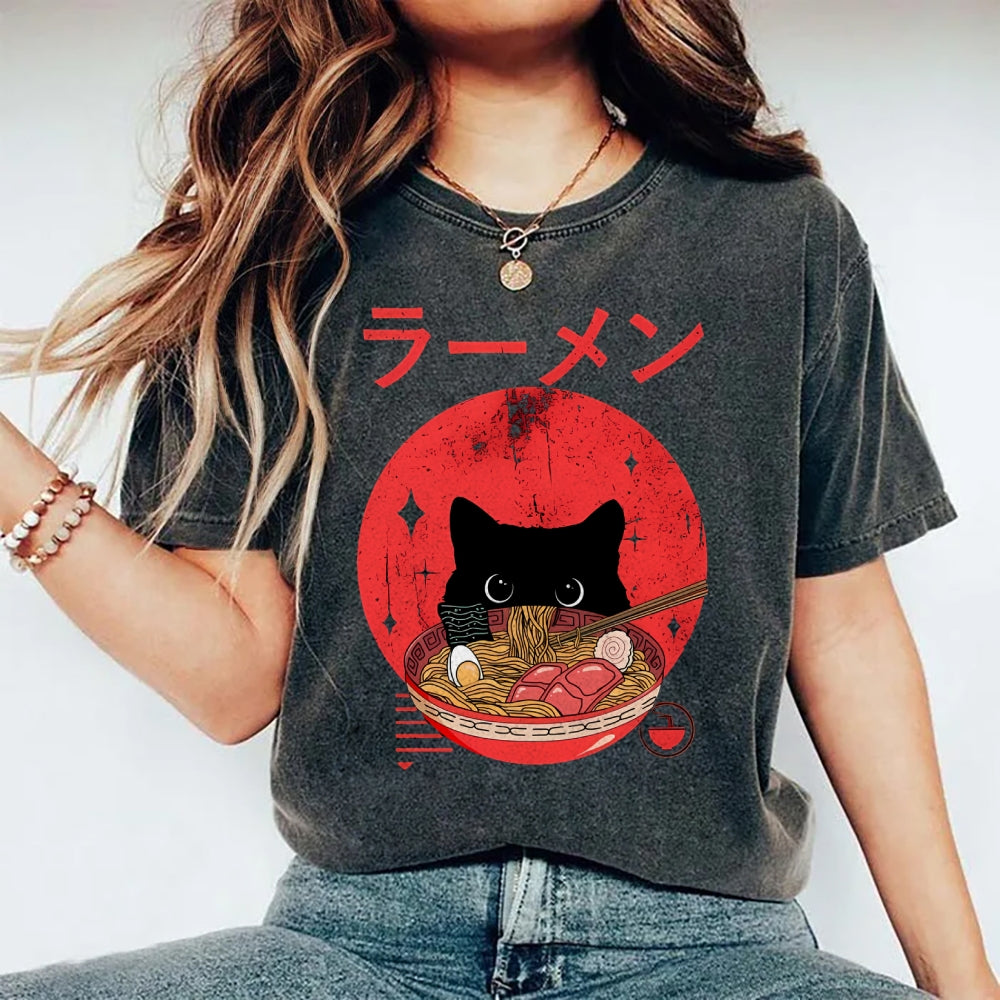 Unisex Japanese Cat Printed Washed Tee