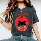 Unisex Japanese Cat Printed Washed Tee