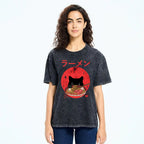 Unisex Japanese Cat Printed Washed Tee