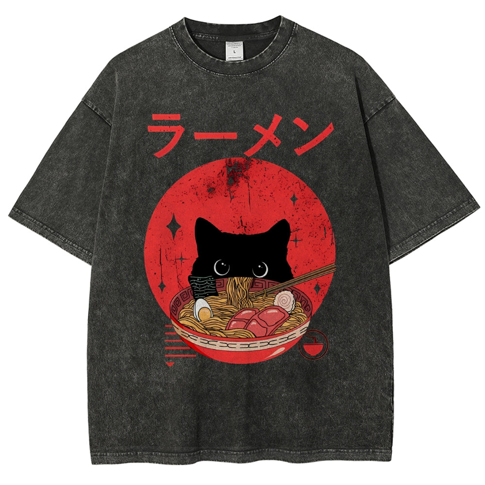 Unisex Japanese Cat Printed Washed Tee