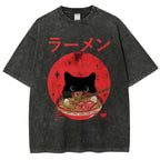 Unisex Japanese Cat Printed Washed Tee