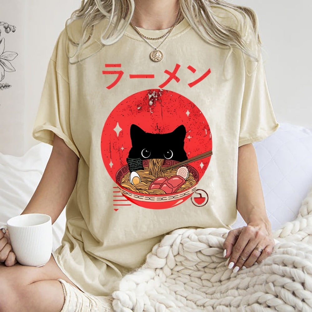 Unisex Japanese Cat Printed Washed Tee